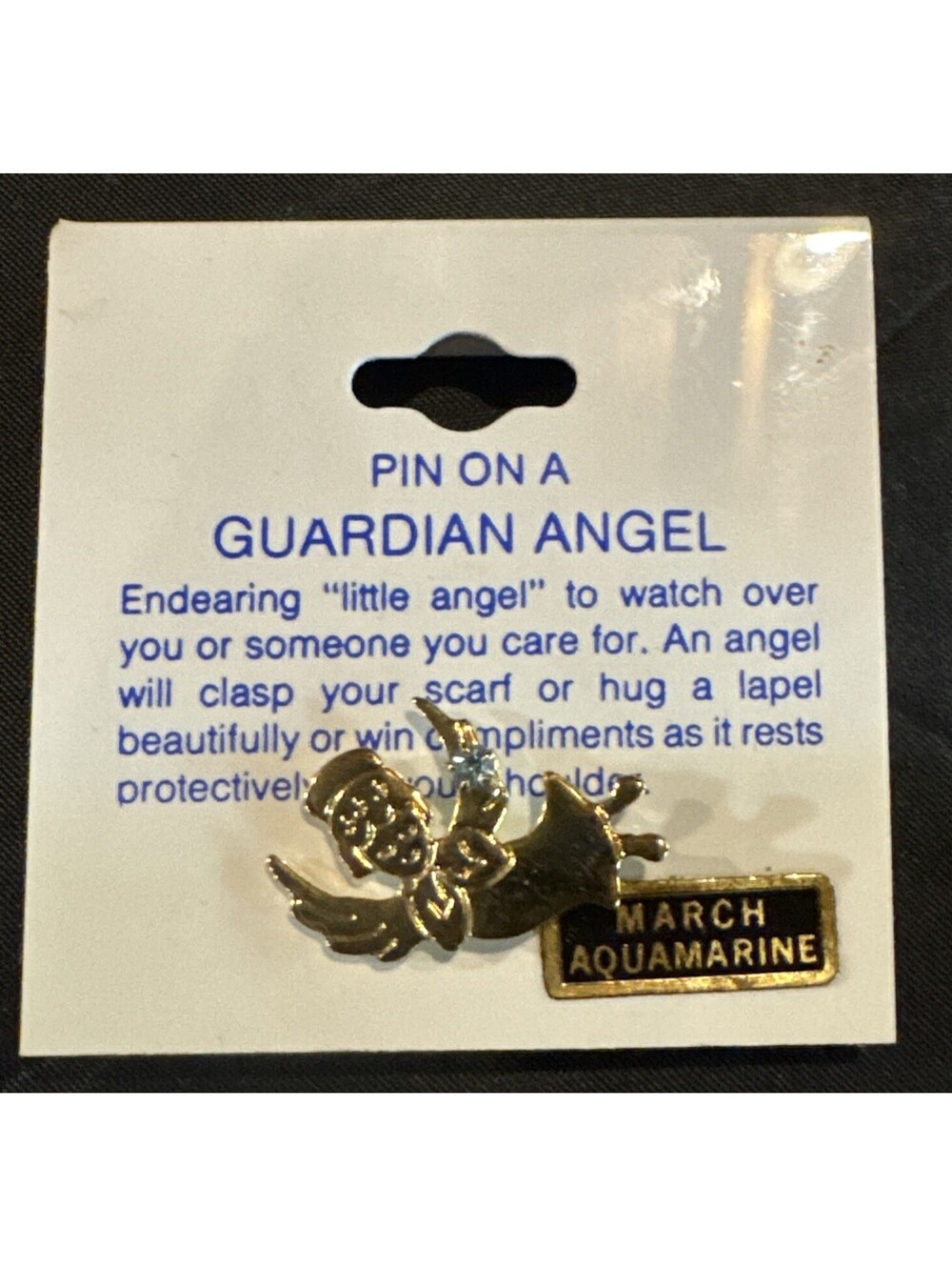 Vintage Guardian Angel Aquamarine Birthstone March Gold-Toned Lapel Pin